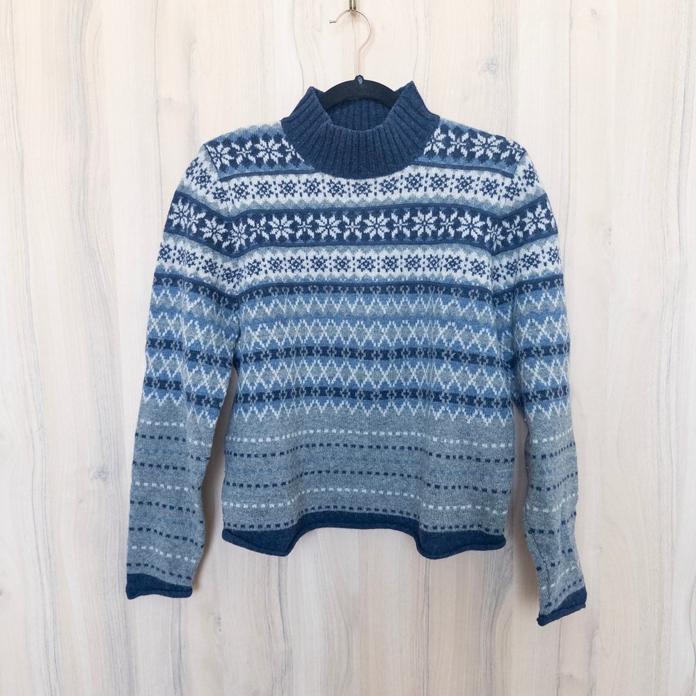 Vintage Woolrich Womens Fair Isle Sweater S Blue Lambswool Mock Neck Nordic Ski